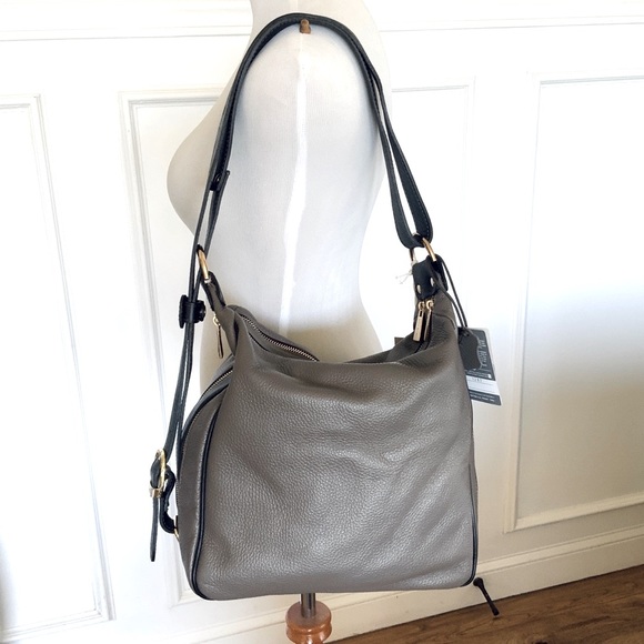 Valentina Hobo Shoulder Backpack Italian Taupe Black Leather NWT - Picture 16 of 16